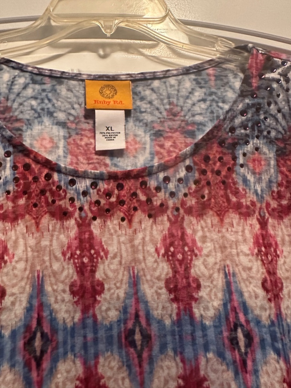 Ruby Rd. Red, Blue & Cream Beaded Ikat-Style Top - Picture 3 of 3